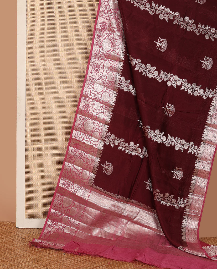 Maroon floral buttas, and diagonal striped silk saree, contrast traditional zari border of floral creeper design & Mughal floral design pallu
