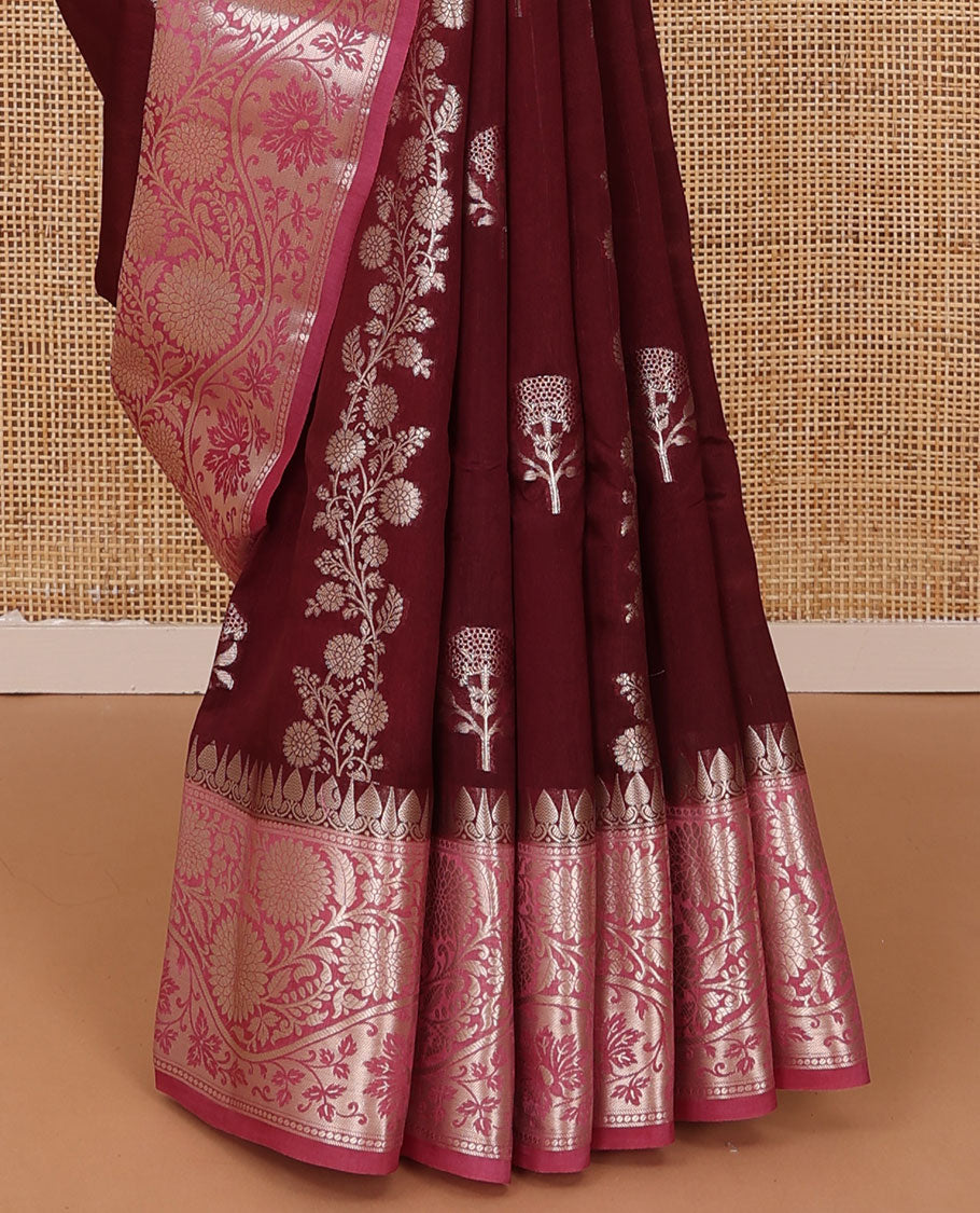 Maroon floral buttas, and diagonal striped silk saree, contrast traditional zari border of floral creeper design & Mughal floral design pallu