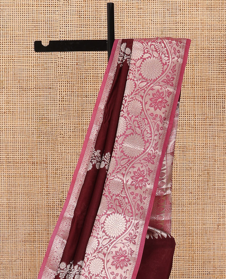 Maroon floral buttas, and diagonal striped silk saree, contrast traditional zari border of floral creeper design & Mughal floral design pallu