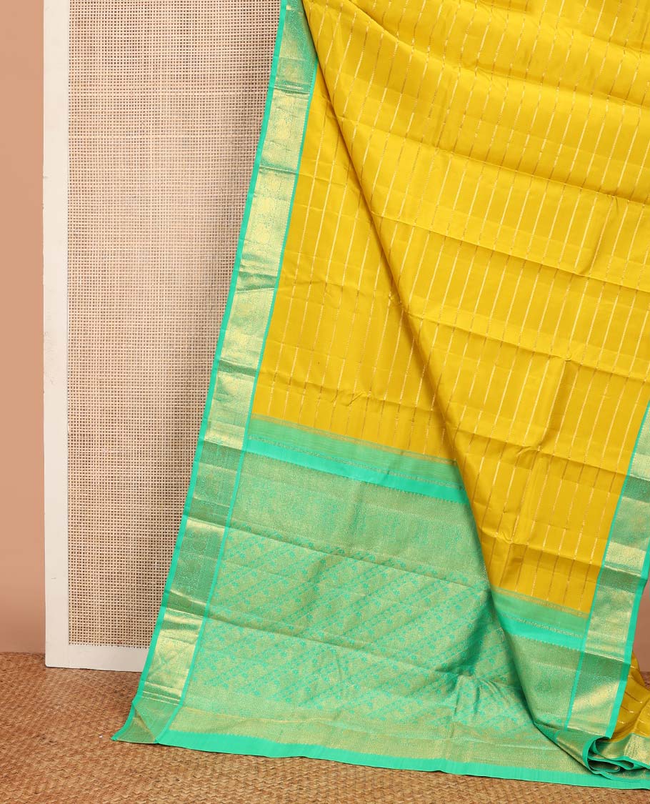 Yellow kathir stripes Kanchipuram korvai silk saree, contrast neer korvai border of thilakam mokku, kuyil kann, muthu, mayil , and yaali designs, and floral design pallu
