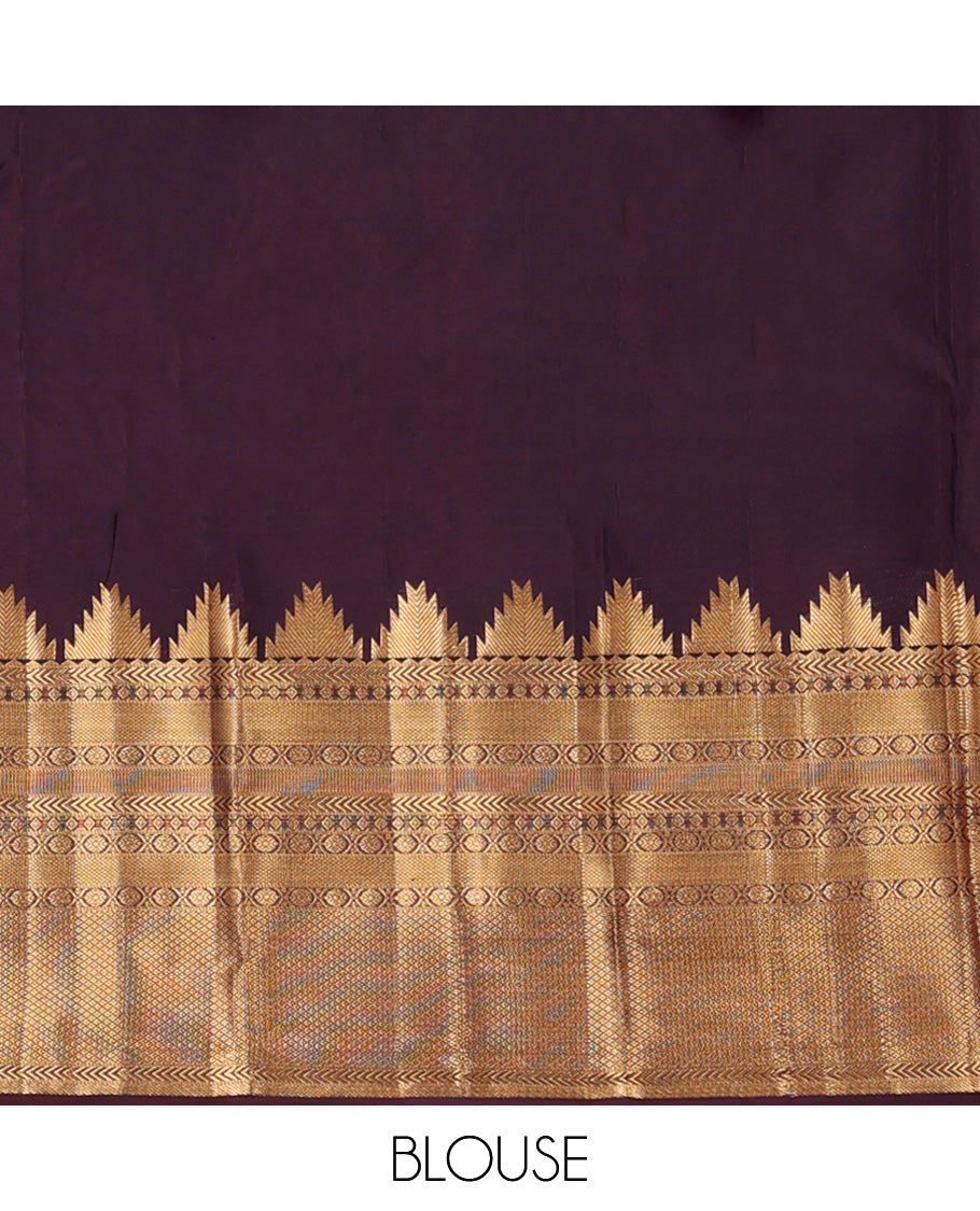 Green plain Kanchipuram silk saree, contrast thazampoo rekku rettai pettu border of rekku, kathir, diamond, poun, and mayil kann and jaal pallu