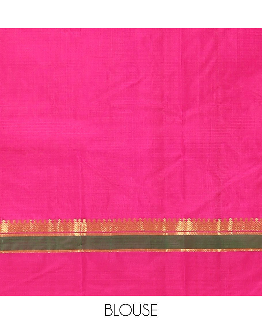 Pink striped Kanchipuram silk saree, contrast rettai pettu border of paneer sombu, vanki, and kathir designs, and zari design pallu