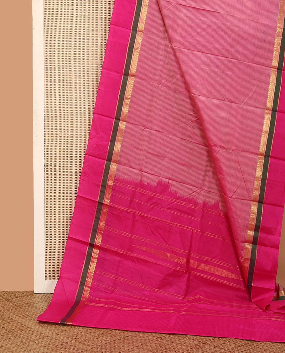 Pink striped Kanchipuram silk saree, contrast rettai pettu border of paneer sombu, vanki, and kathir designs, and zari design pallu
