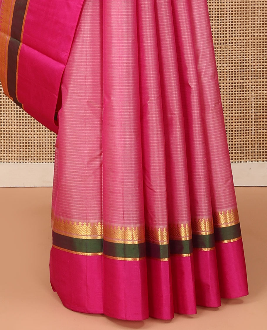 Pink striped Kanchipuram silk saree, contrast rettai pettu border of paneer sombu, vanki, and kathir designs, and zari design pallu