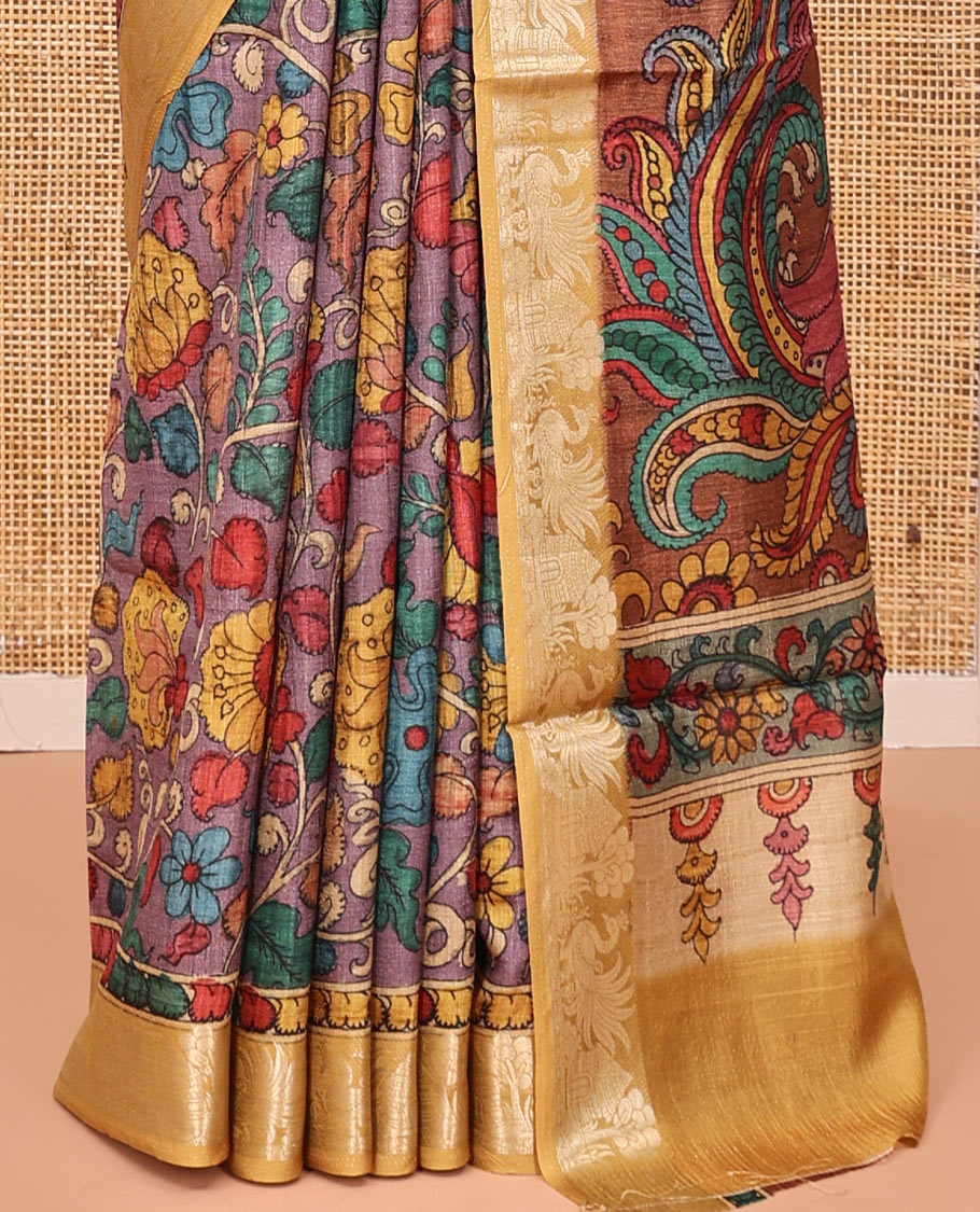 Purple Kalamkari Saree, Decorated with Floral Print, Complemented by Contrast Zari Border, Pallu of Fauna Motifs, and a Contrast Blouse