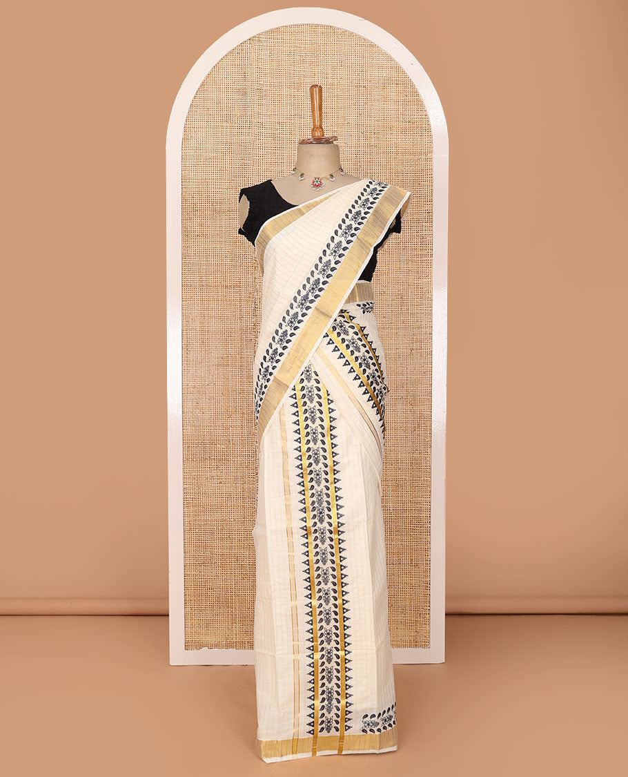 Cream striped & floral-leaf printed Kerala mundu set, zari border