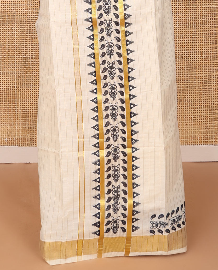 Cream striped & floral-leaf printed Kerala mundu set, zari border