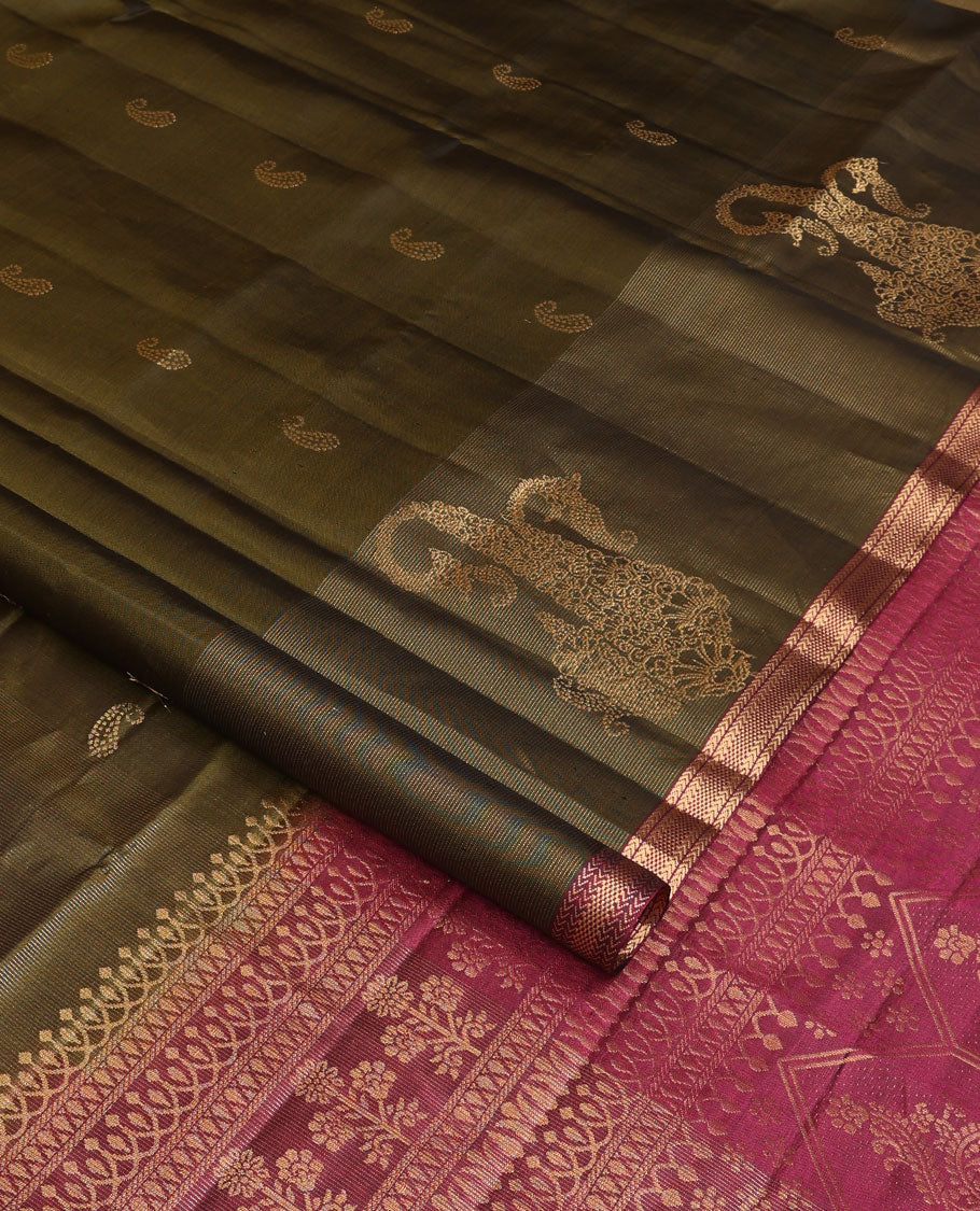 Green manga buttas soft silk saree, contrast kathir & bentex design piping border & pallu of Mughal-style floral designs