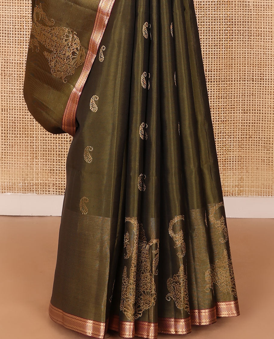 Green manga buttas soft silk saree, contrast kathir & bentex design piping border & pallu of Mughal-style floral designs