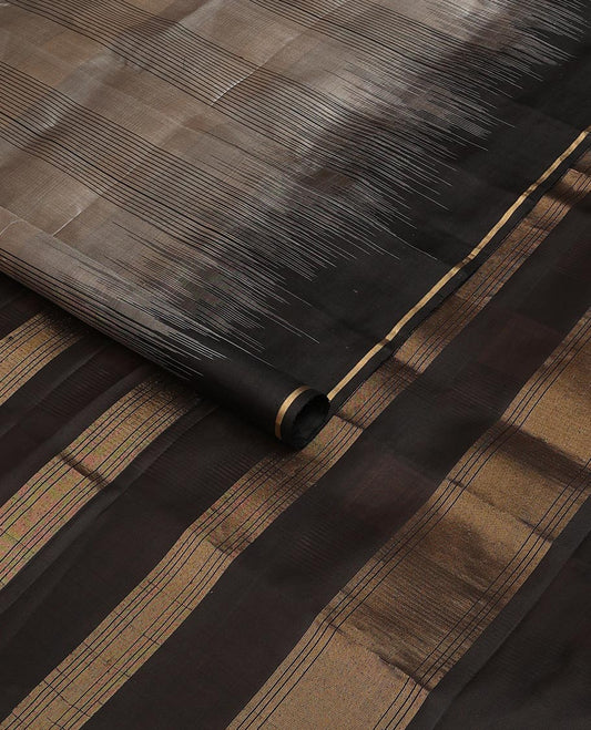 Grey check soft silk saree, contrast temple border & striped pallu