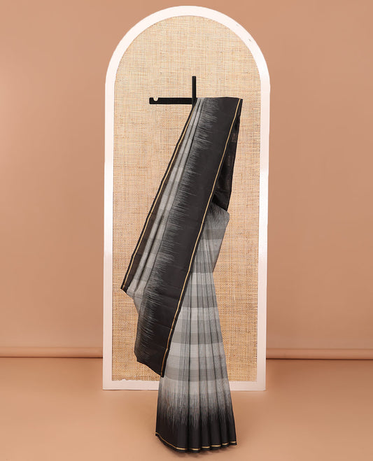 Grey check soft silk saree, contrast temple border & striped pallu