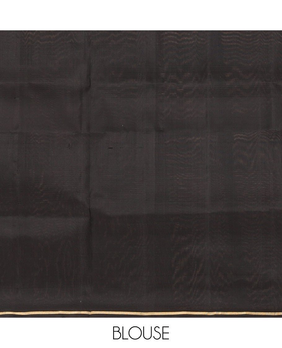 Grey check soft silk saree, contrast temple border & striped pallu