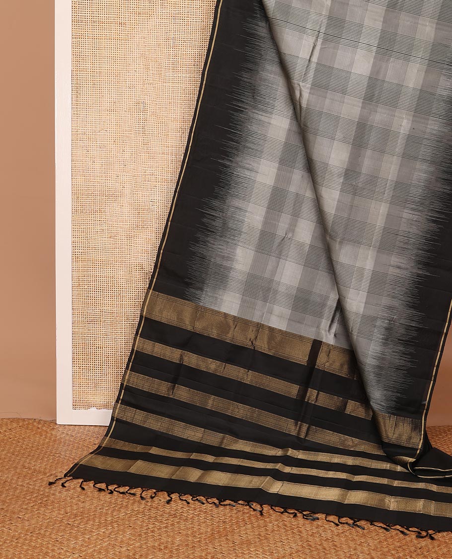 Grey check soft silk saree, contrast temple border & striped pallu