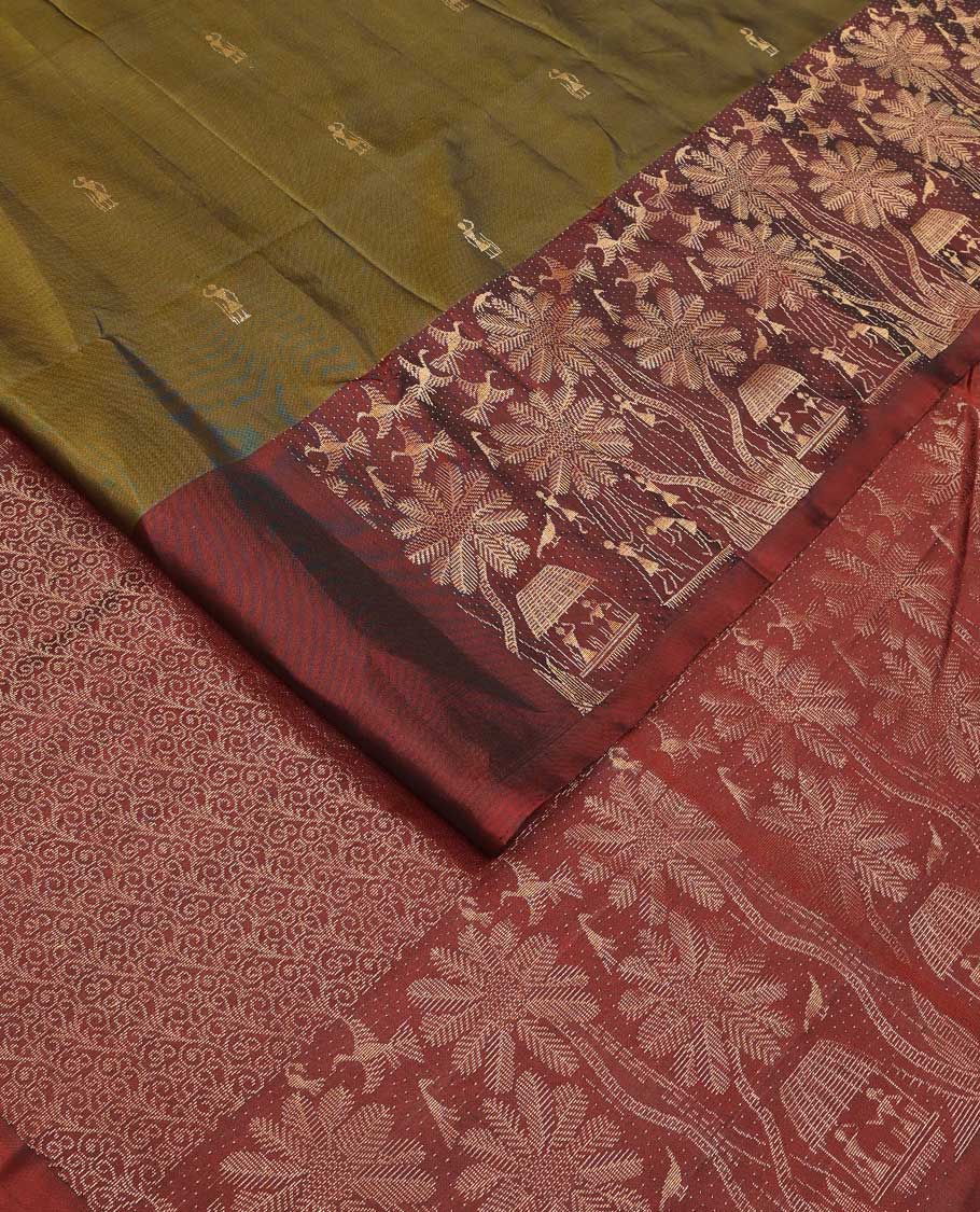 Green warli motifs woven soft silk saree, contrast warli-village theme woven border, and pallu of floral and warli-village theme designs