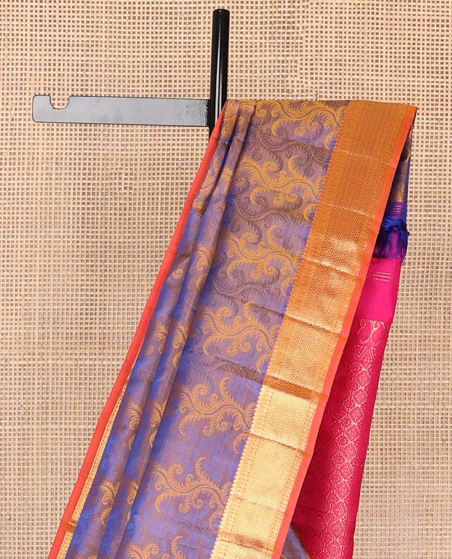 Blue floral vine design silk saree with contrast border of thilakam mokku, paun, vanki design & floral pallu