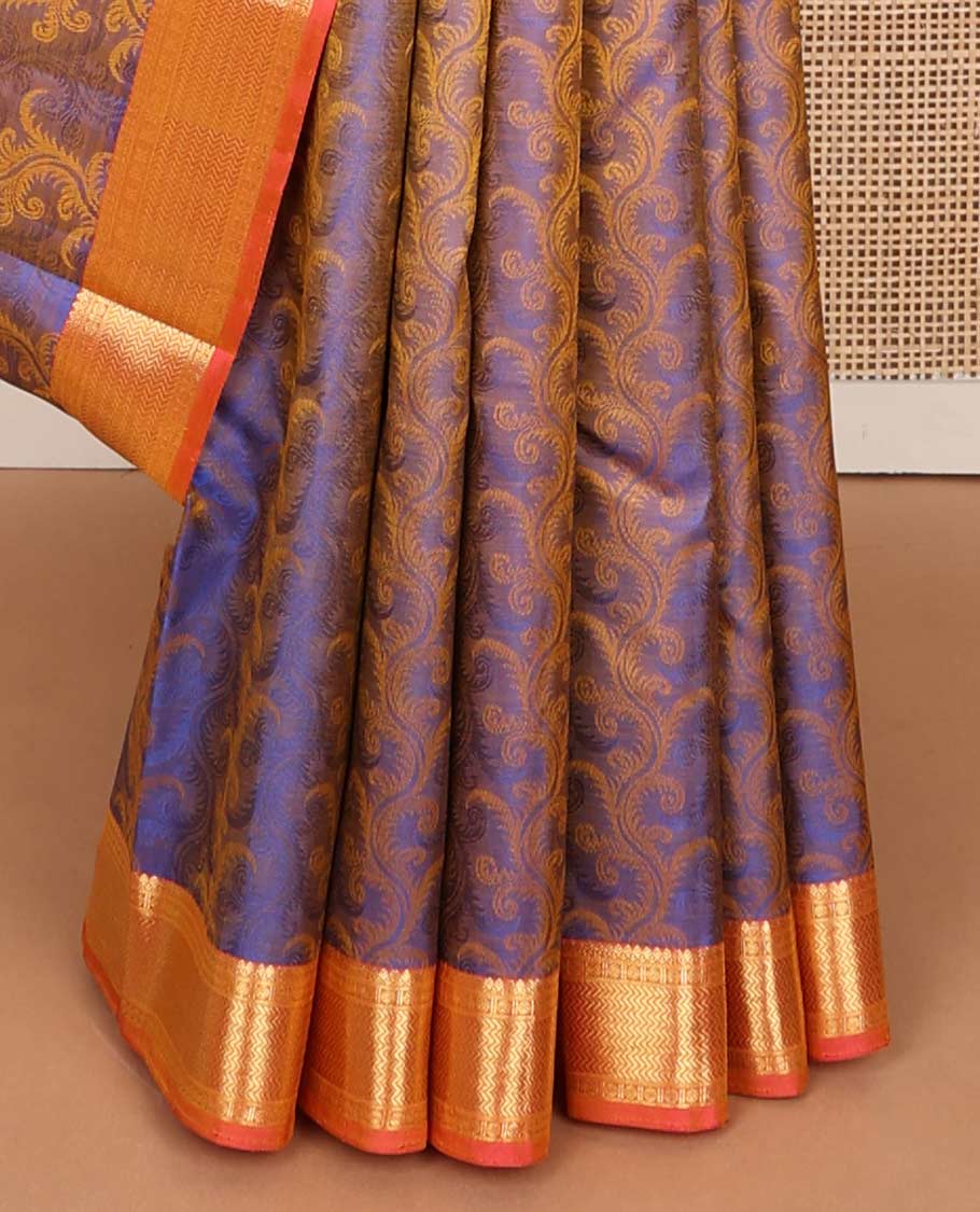 Blue floral vine design silk saree with contrast border of thilakam mokku, paun, vanki design & floral pallu