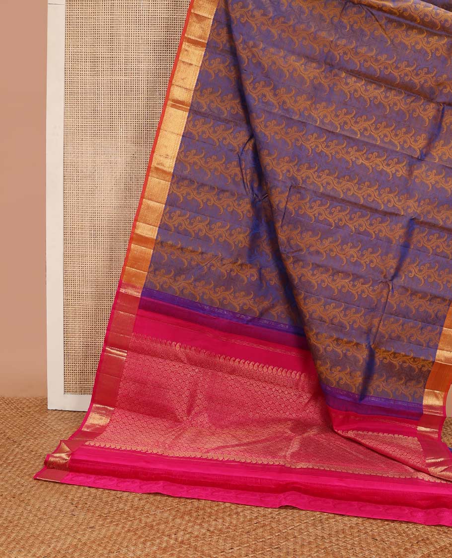 Blue floral vine design silk saree with contrast border of thilakam mokku, paun, vanki design & floral pallu