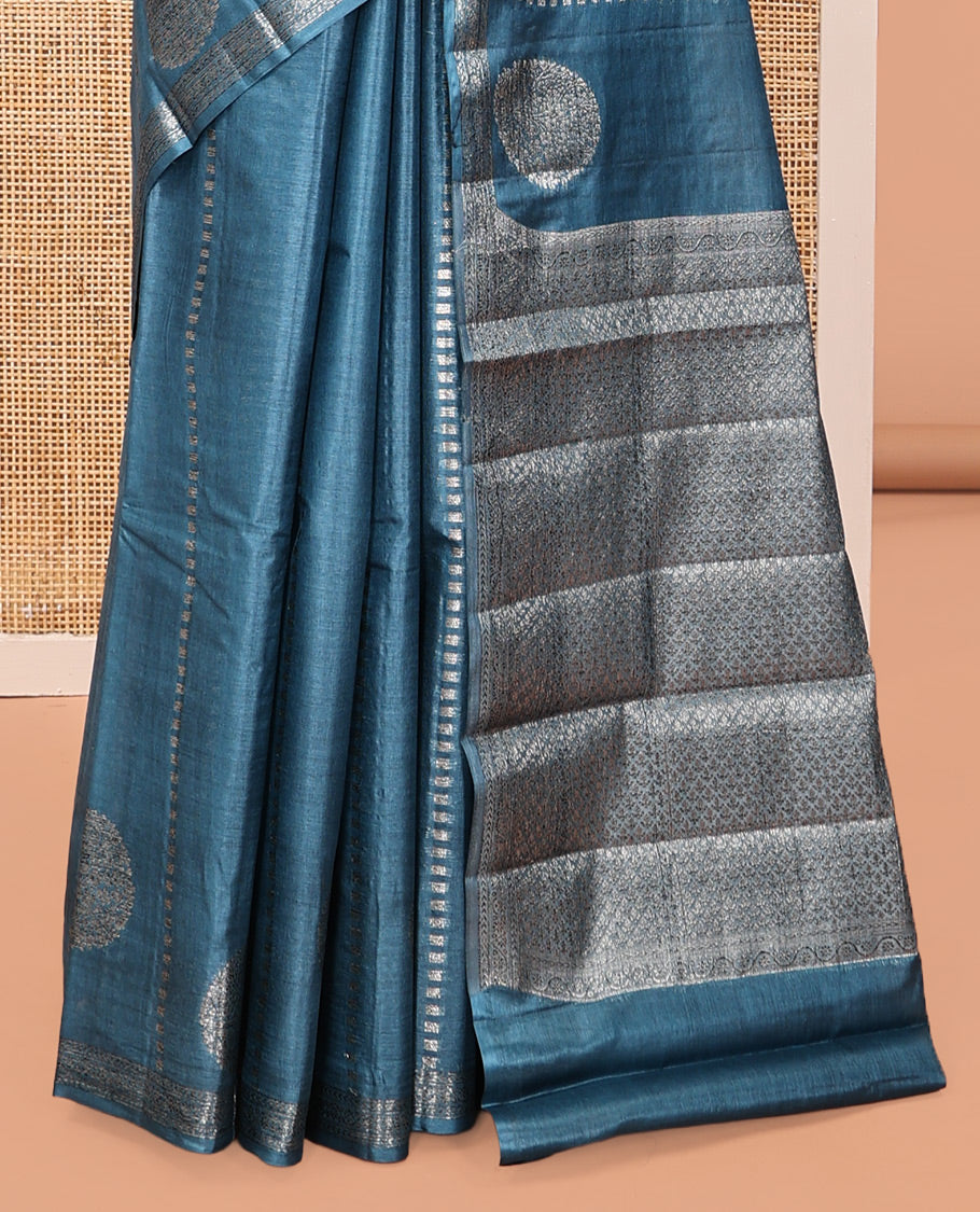 Blue Tussar Silk Saree, Finely Crafted with Zari Buttas and Stripes, a Piping Border, Jaal Pallu, and a Matching Blouse