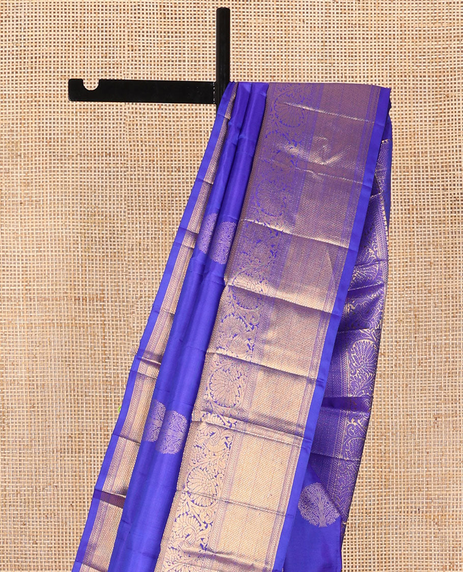 Blue buttas silk saree with self border of thilakam mokku, kathir, muthu, mayil, mayil kann design & zari design pallu