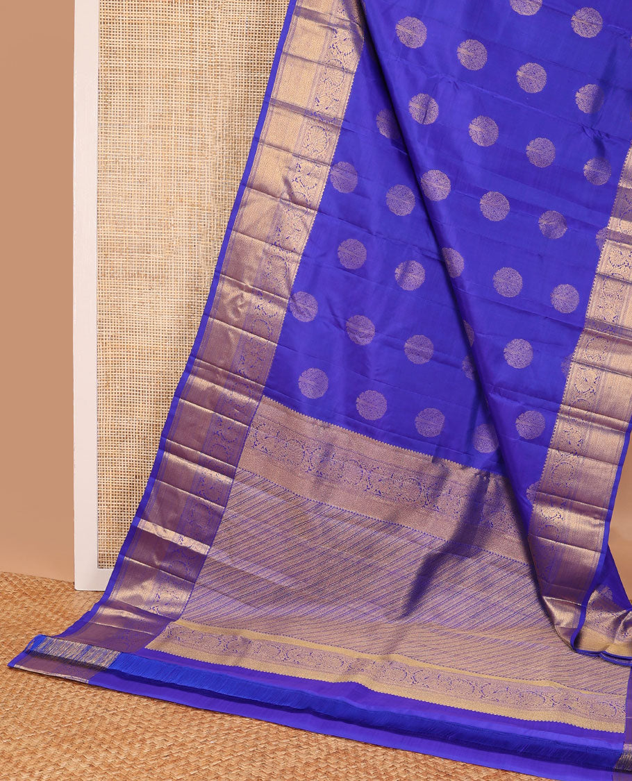 Blue buttas silk saree with self border of thilakam mokku, kathir, muthu, mayil, mayil kann design & zari design pallu