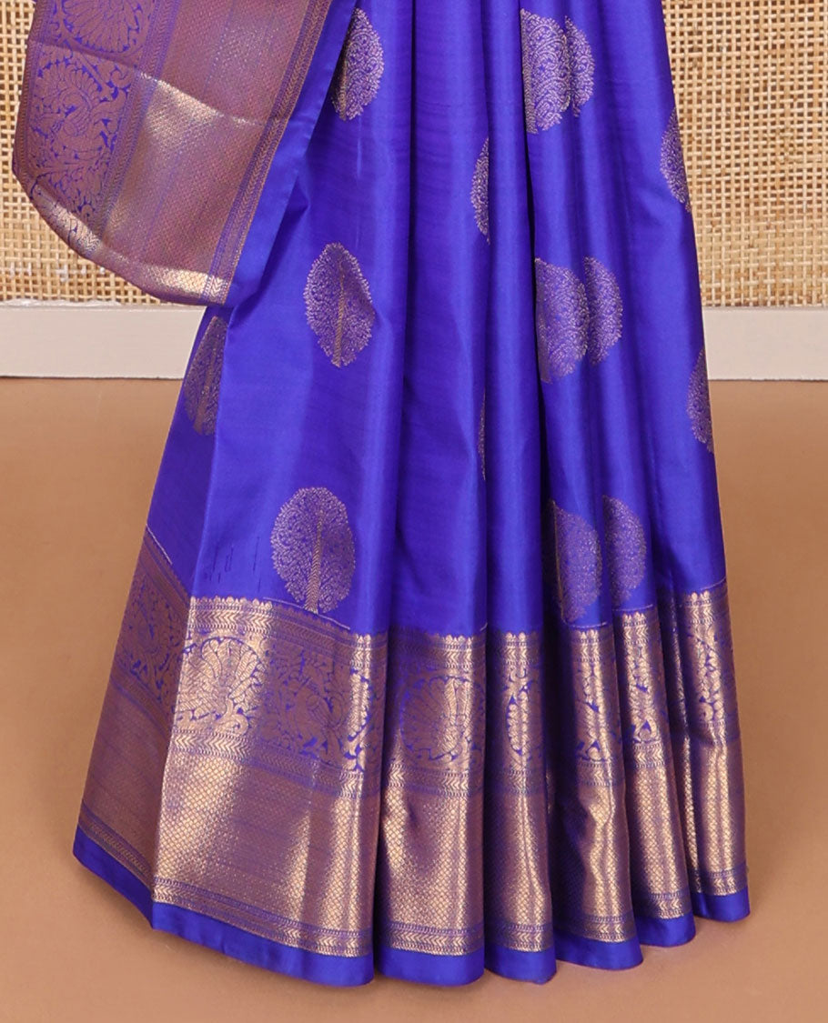 Blue buttas silk saree with self border of thilakam mokku, kathir, muthu, mayil, mayil kann design & zari design pallu
