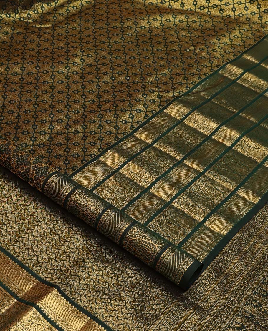 Green jacquard wedding silk saree, zari border of rekku, muthu, and manga designs, and intricate pallu