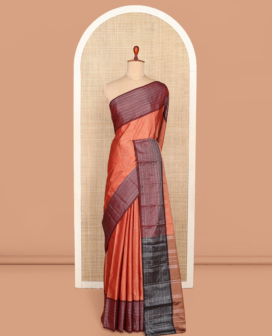 Orange Aarani Silk Saree, Woven with Zari Stripes on Its Body, Complemented by a Contrast Zari Striped Border, Pallu of Stripes, and Paired with a Contrast Blouse