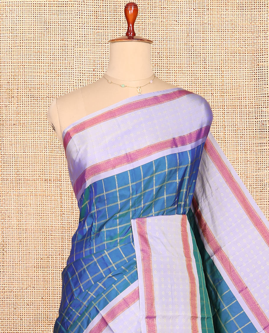 Blue Checked Aarani Gift Saree, Complemented by a Contrast Border of Sparsely Woven Buttas, Pallu of Stripes, and Paired with a Matching Blouse