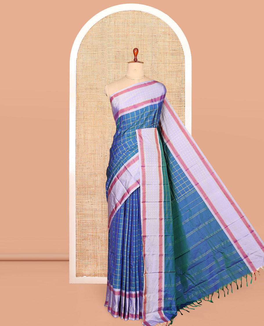Blue Checked Aarani Gift Saree, Complemented by a Contrast Border of Sparsely Woven Buttas, Pallu of Stripes, and Paired with a Matching Blouse