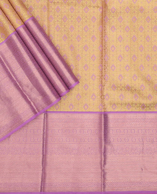 Yellow jacquard pure-mix halfsaree,contrast zari design dhavani,zari border & blouse of diamond, kamalam & then kuli kann