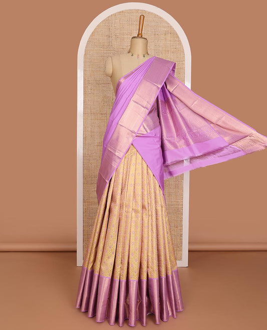 Yellow jacquard pure-mix halfsaree,contrast zari design dhavani,zari border & blouse of diamond, kamalam & then kuli kann