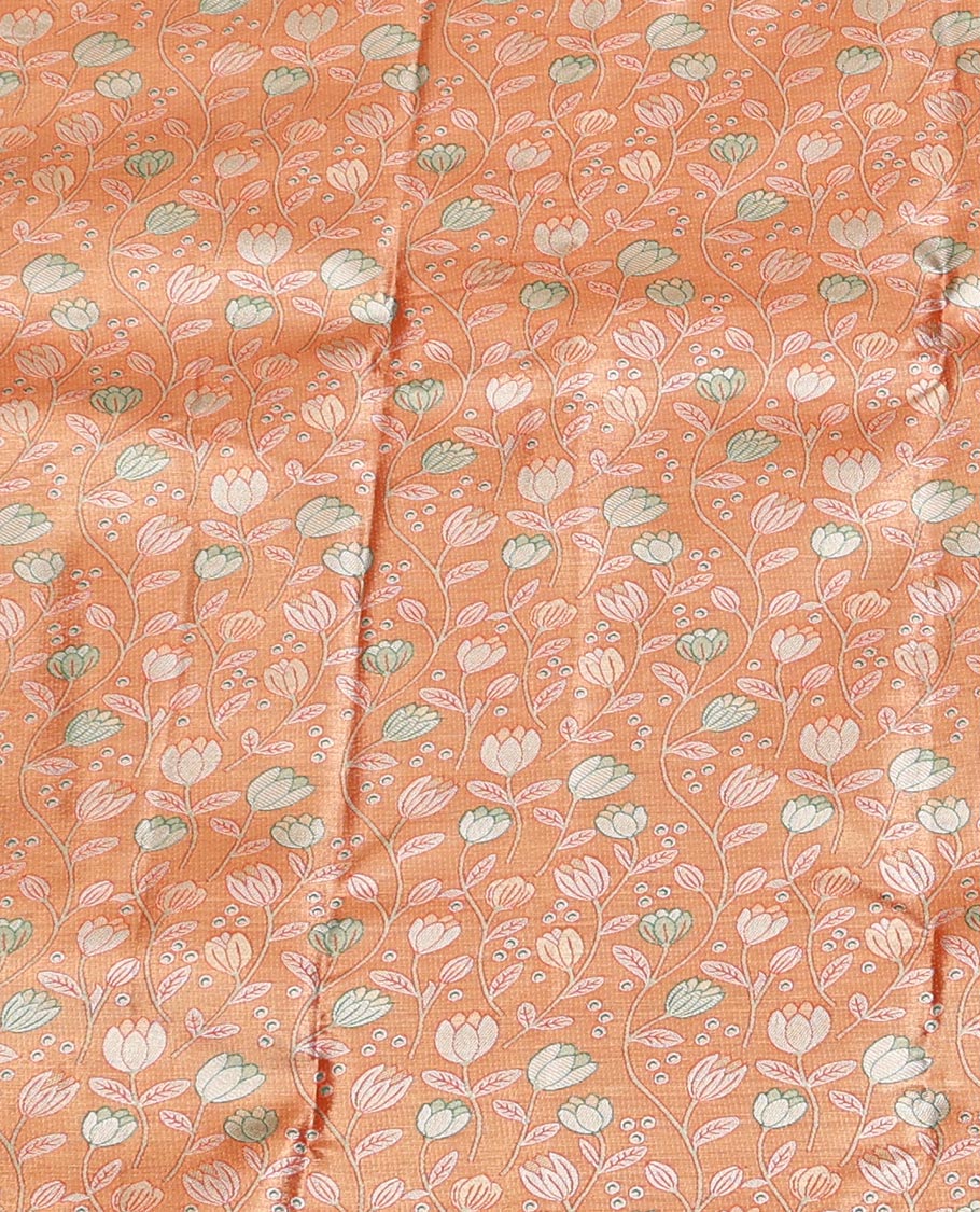 Orange Art Silk Half-Saree, Bedecked with Jacquard Design, Contrast Floral Zari Border, Paired with a Contrast Jacquard Blouse, and an Intricate Dhavani