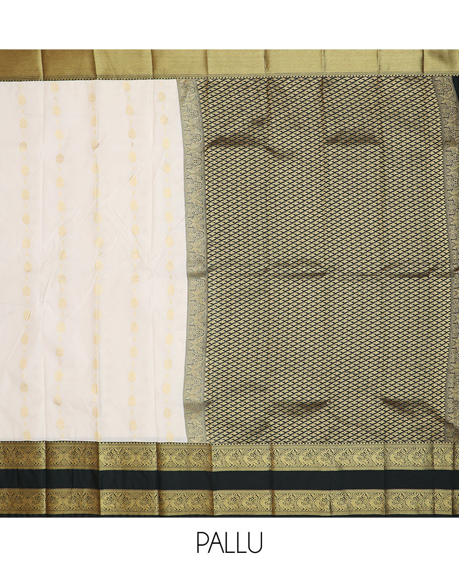 Cream zari buttas budget silk saree, contrast traditional zari rettai pettu border, and jaal pallu