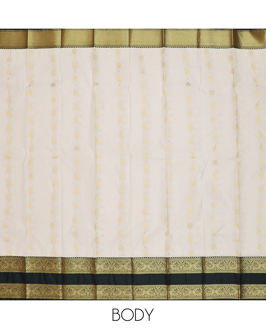 Cream zari buttas budget silk saree, contrast traditional zari rettai pettu border, and jaal pallu