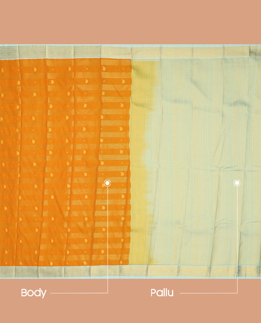 Orange Budget Silk Saree Bedecked with Zari Stripes and Paisley Buttas, Complemented by a Contrast Border of Traditional Zari Designs, Subtly Designed Pallu of Stripes, and Paired with a Contrast Blouse