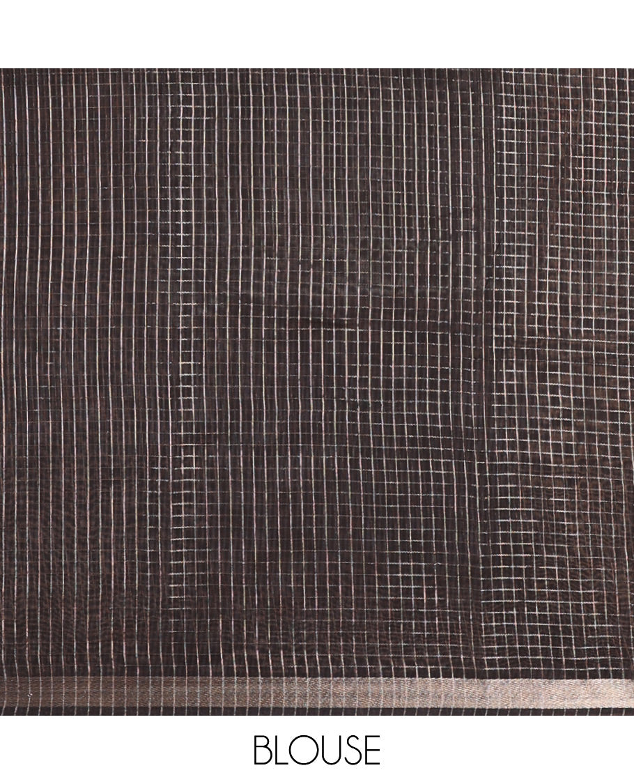 Black Assam Silk Saree Graced with Micro-Checks and Floral Prints, Featuring a Simple Piping Border, Subtly Woven Pallu with Zari Stripes, Paired with a Matching Checked Blouse