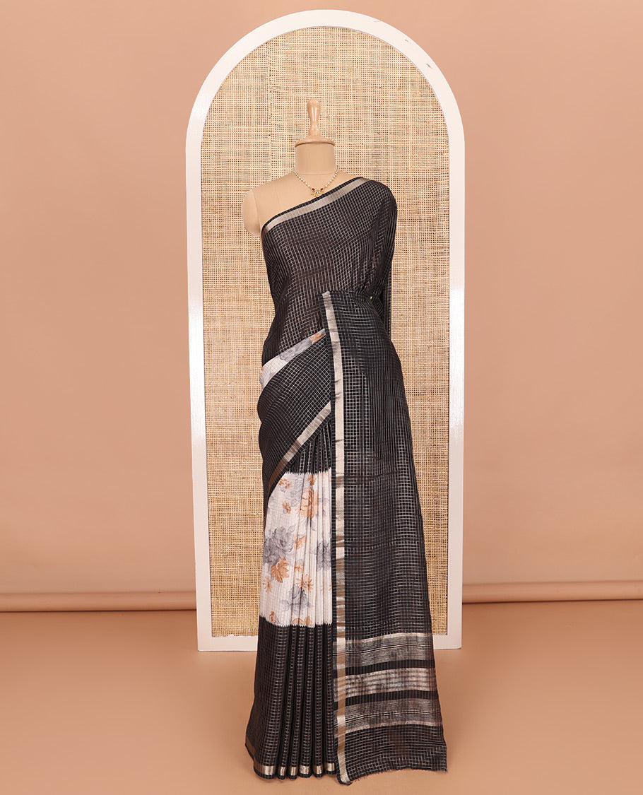 Black Assam Silk Saree Graced with Micro-Checks and Floral Prints, Featuring a Simple Piping Border, Subtly Woven Pallu with Zari Stripes, Paired with a Matching Checked Blouse