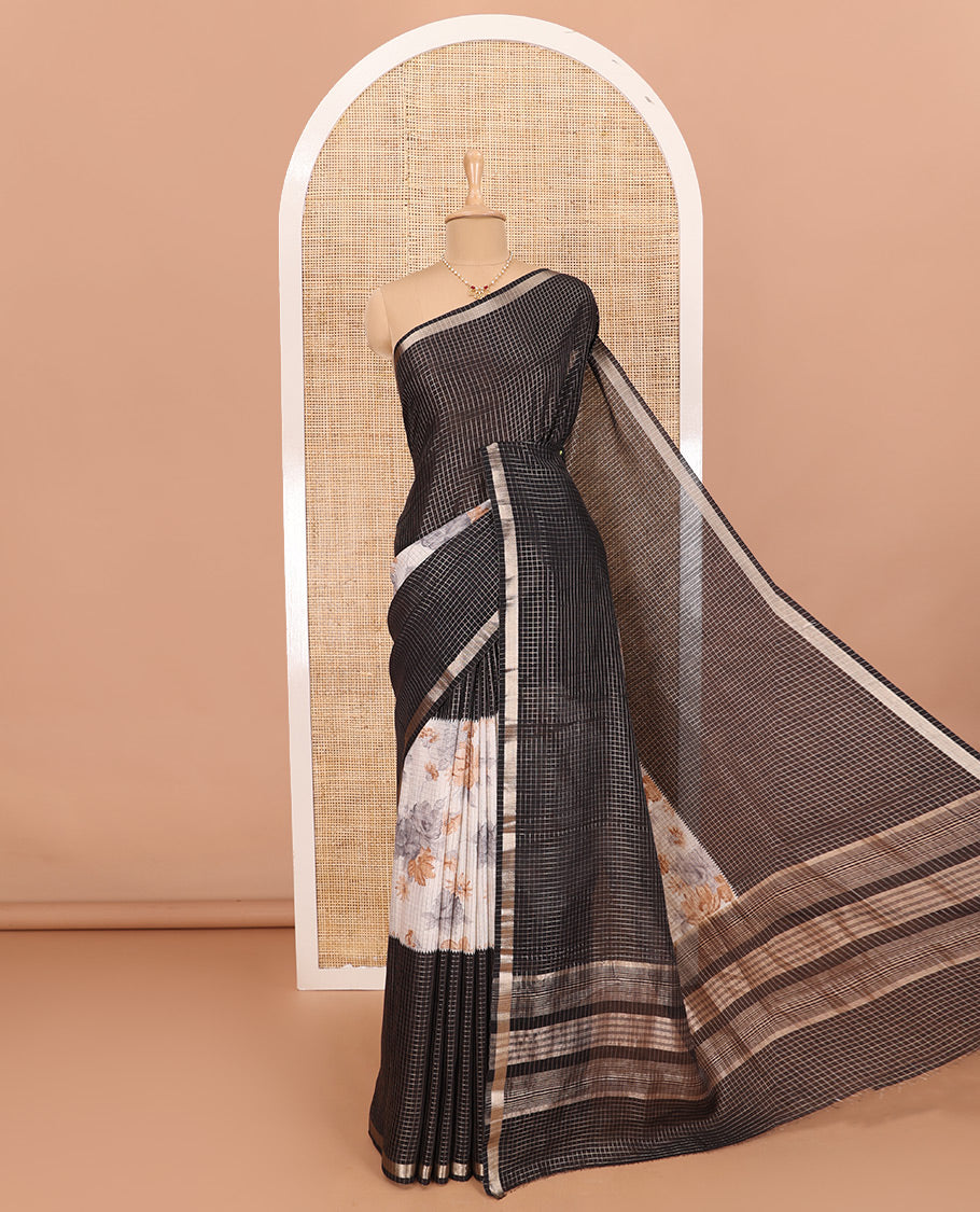 Black Assam Silk Saree Graced with Micro-Checks and Floral Prints, Featuring a Simple Piping Border, Subtly Woven Pallu with Zari Stripes, Paired with a Matching Checked Blouse
