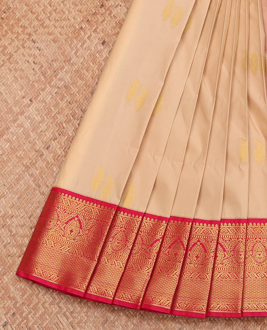 Sandal Budget Silk Saree, Sparsely Woven with Zari Buttas, Complemented by a Contrast Traditional Zari Border, Jaal Pallu, and a Contrast Blouse