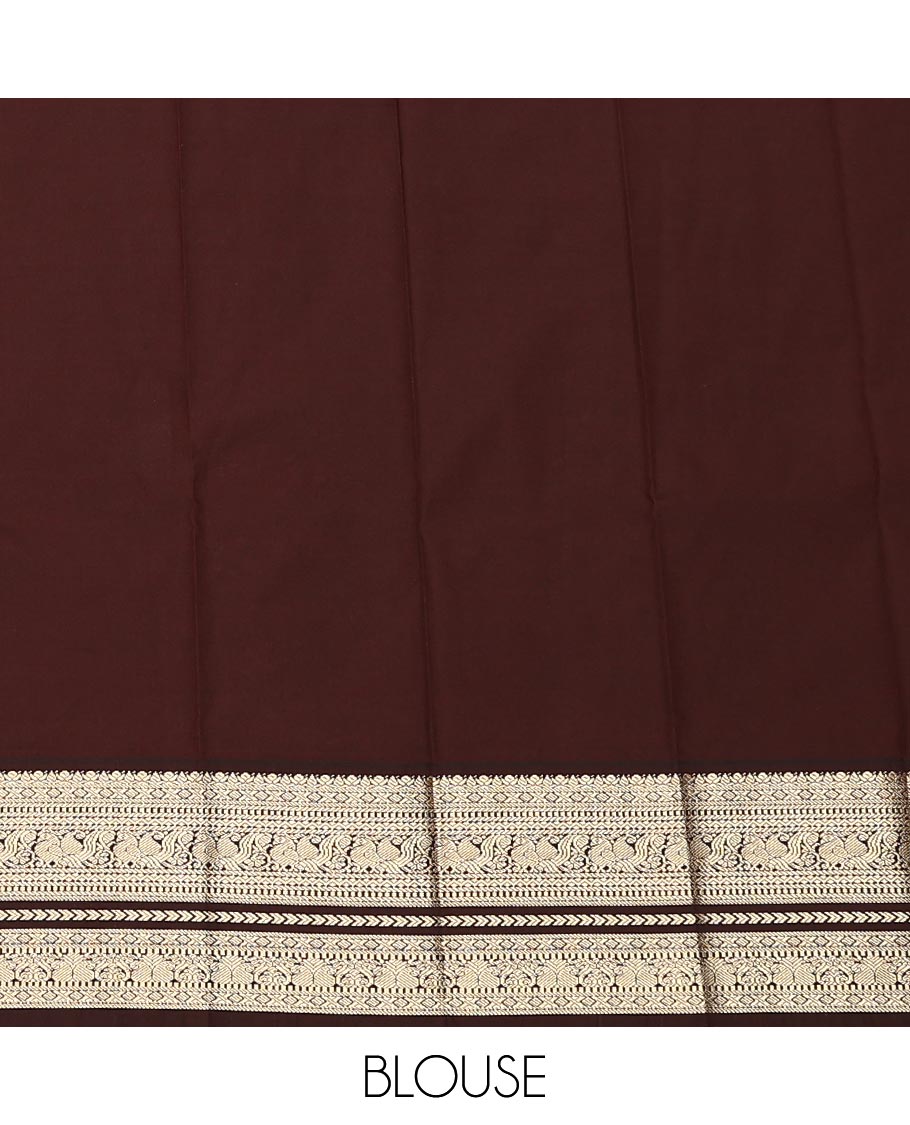 Maroon zari buttas, and striped gift saree, contrast traditional zari design rettai pettu border, and zari-rich jaal pallu