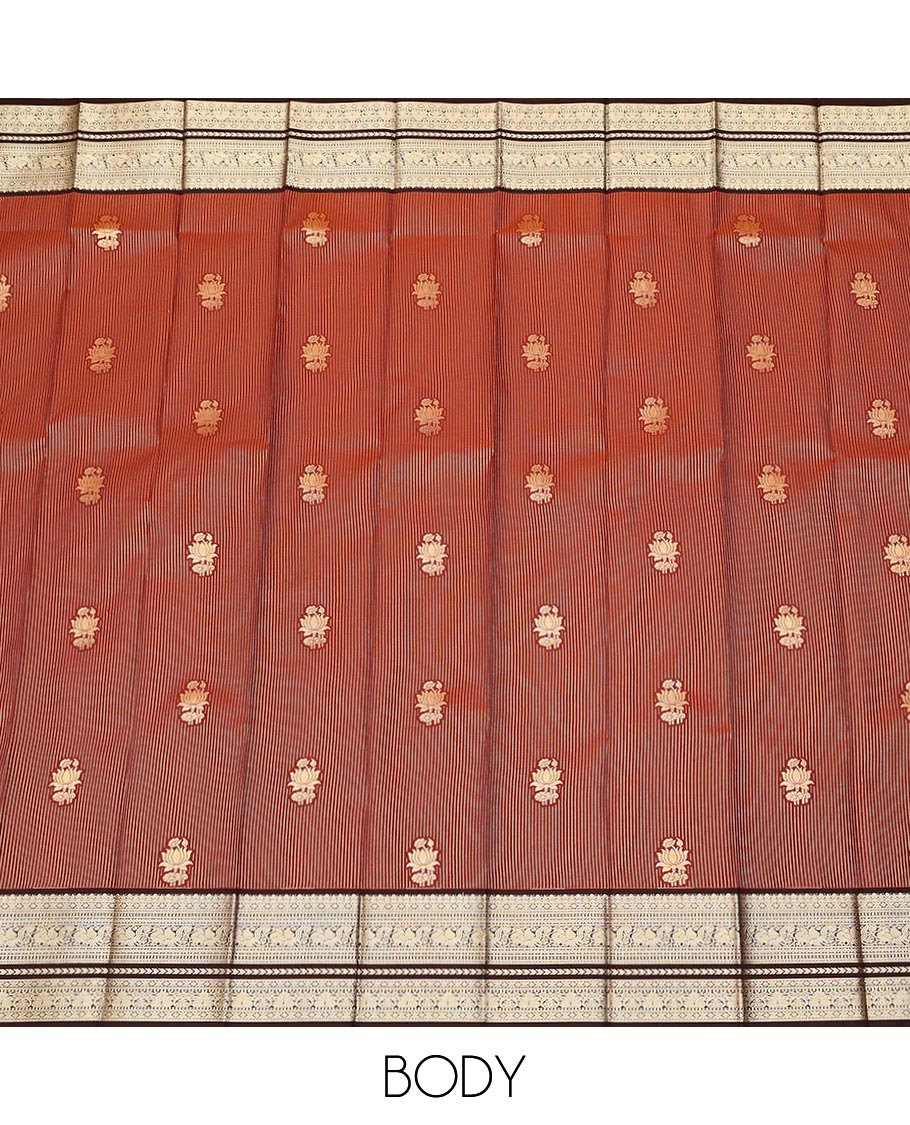 Maroon zari buttas, and striped gift saree, contrast traditional zari design rettai pettu border, and zari-rich jaal pallu