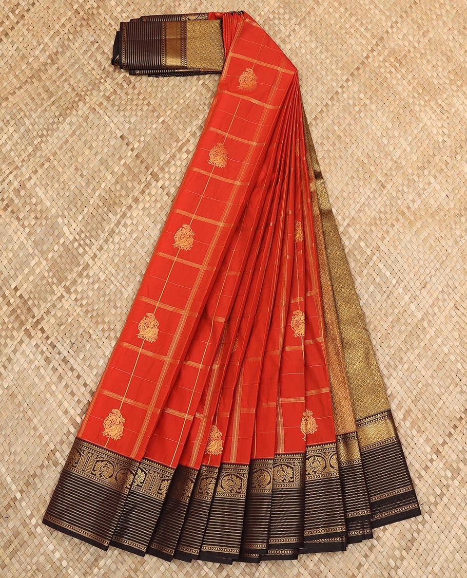 Rust orange zari checked and peacock buttas budget silk saree, contrast traditional zari design border, and jaal pallu