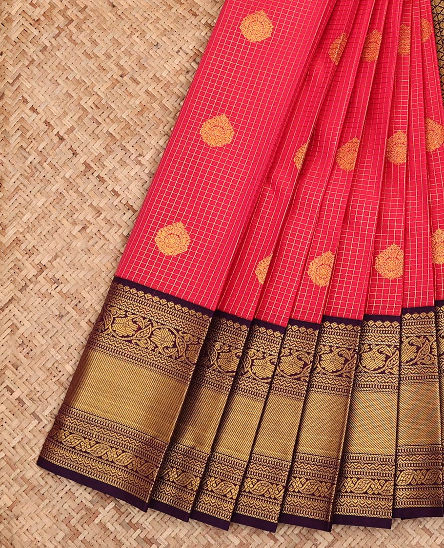 Red Budget Silk Saree, Detailed with Zari Buttas and Checks All Over Its Body, Complemented by a Contrast Zari Border of Traditional Designs, Pallu Features Jaal Designs, and Paired with a Contrast Blouse