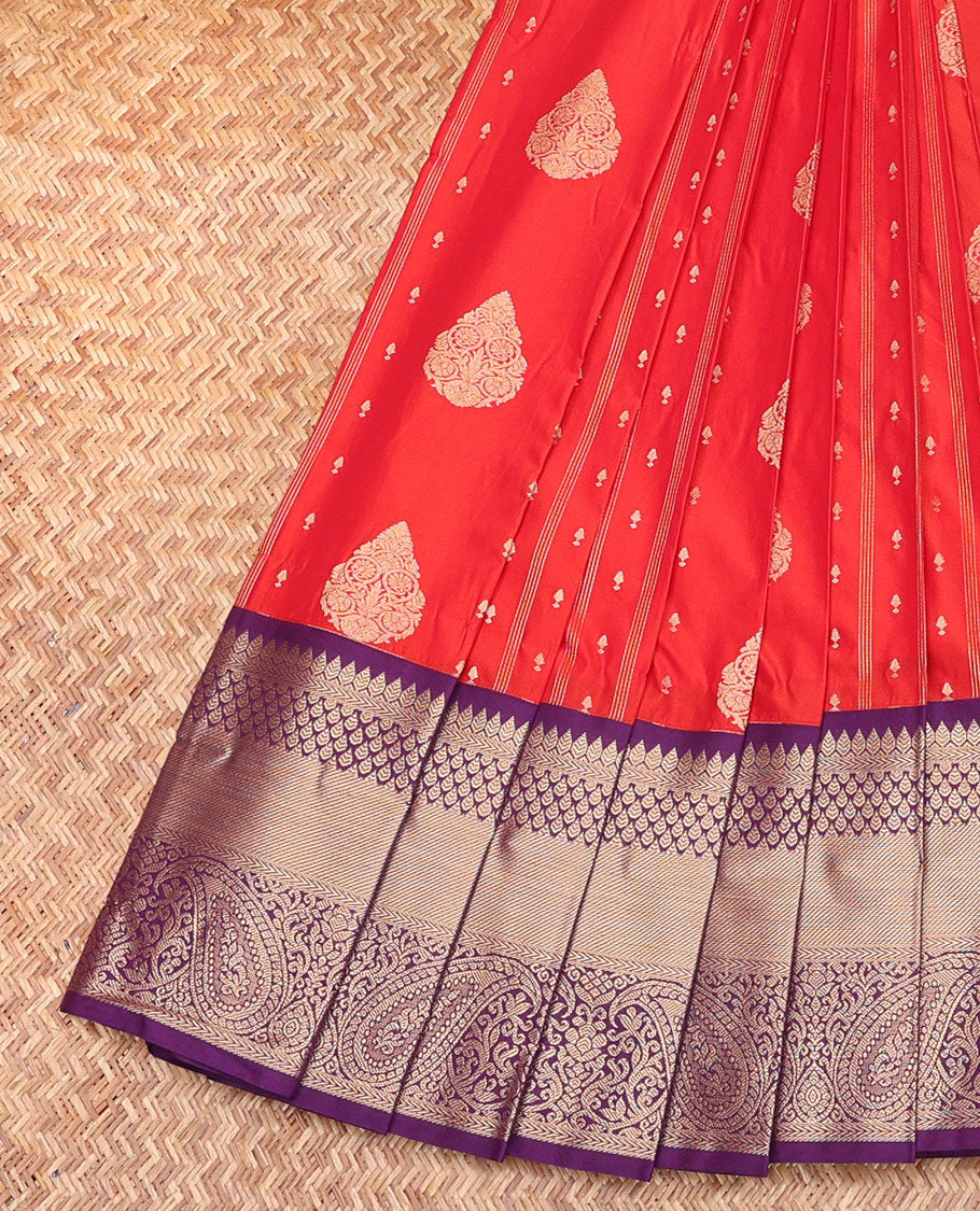 Red Budget Silk Saree, Enthralled with Zari Buttas, Complemented by a Contrast Traditional Design Border, Grand Jaal Pallu, and a Contrast Blouse