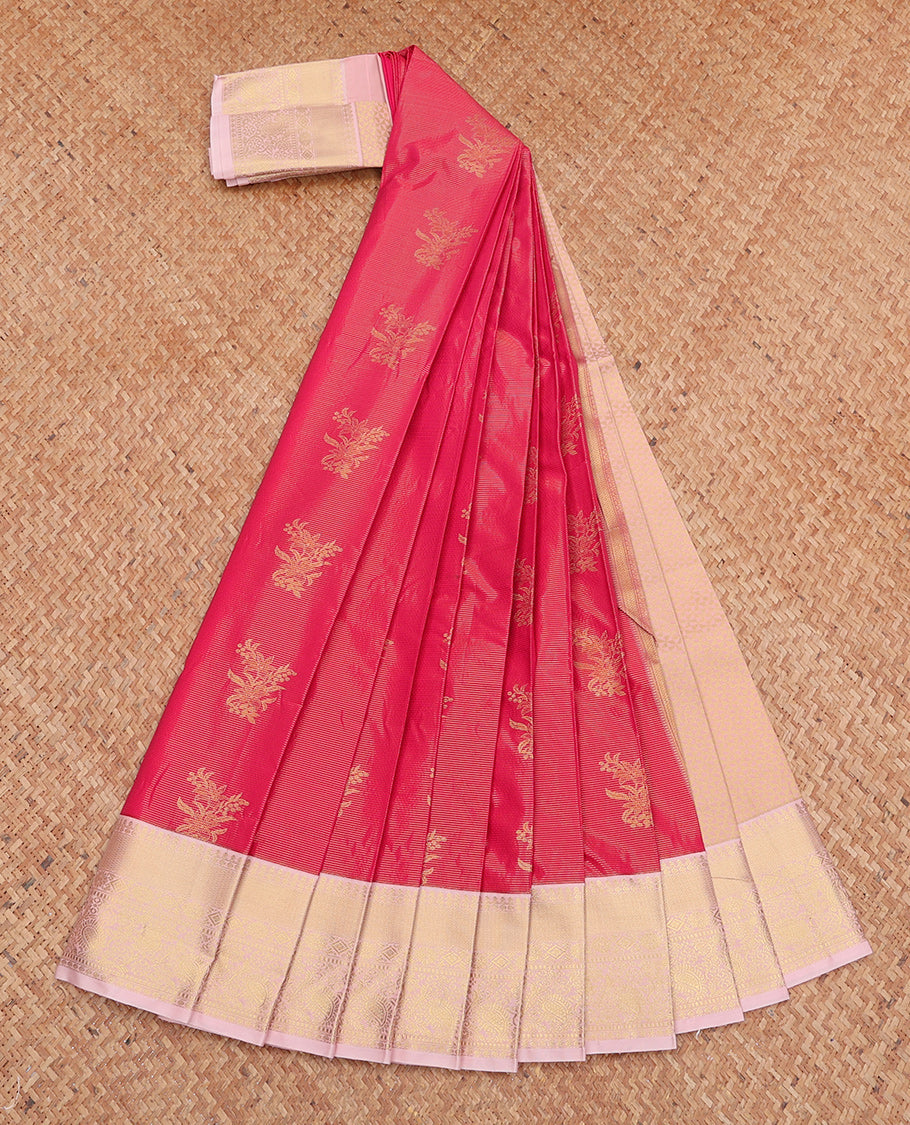 Pink Budget Silk Saree, Mesmerized with Zari Buttas and Stripes, Complemented by Contrast Traditional Zari Border, Grand Pallu, and a Contrast Blouse