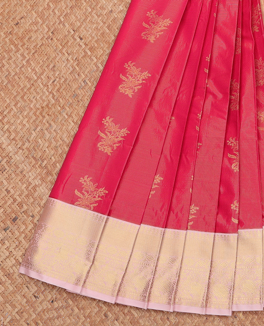 Pink Budget Silk Saree, Mesmerized with Zari Buttas and Stripes, Complemented by Contrast Traditional Zari Border, Grand Pallu, and a Contrast Blouse