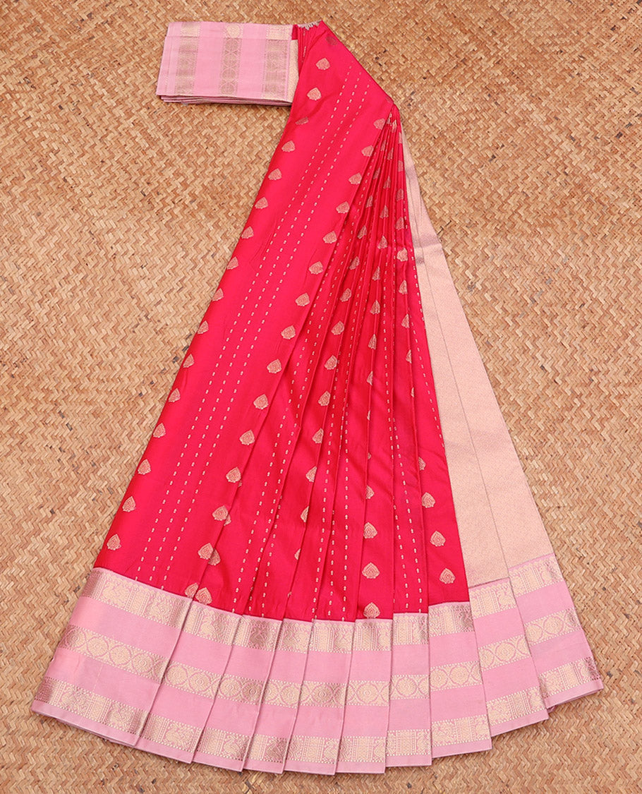 Pink Budget Silk Saree, Woven with Zari Buttas, Complemented by a Contrast Traditional Zari Border, Jaal Pallu, and a Contrast Blouse