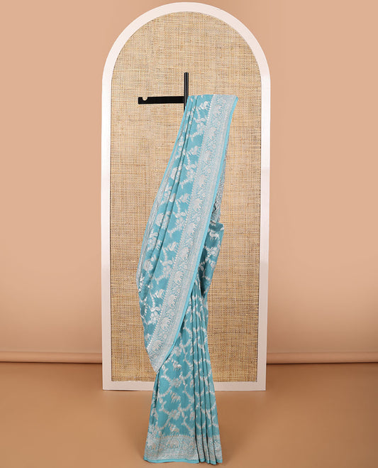 Blue floral jaal, animal design banaras silk saree with self zari design & forest theme pallu