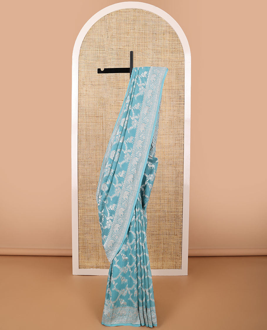 Blue floral jaal, animal design banaras silk saree with self zari design & forest theme pallu