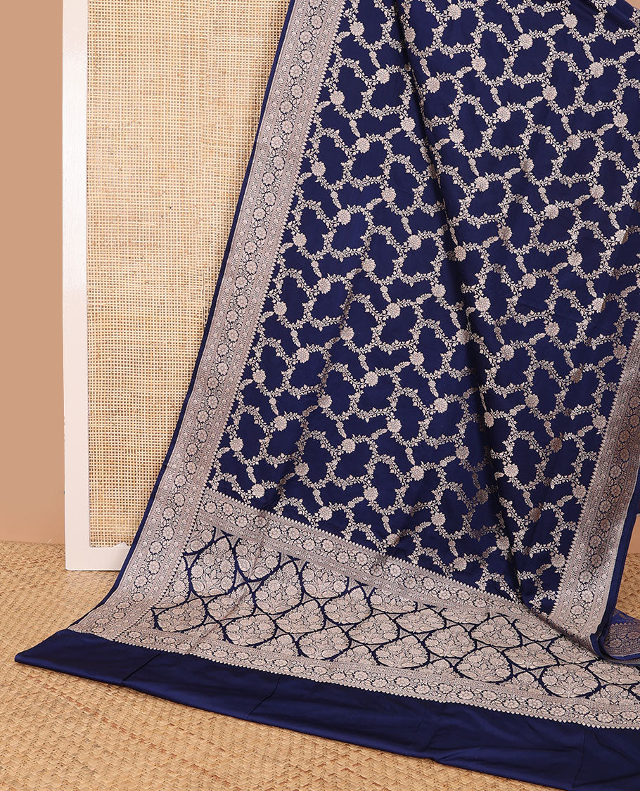 Dark blue floral jaal design semi banaras satin saree with self zari design border & floral design pallu
